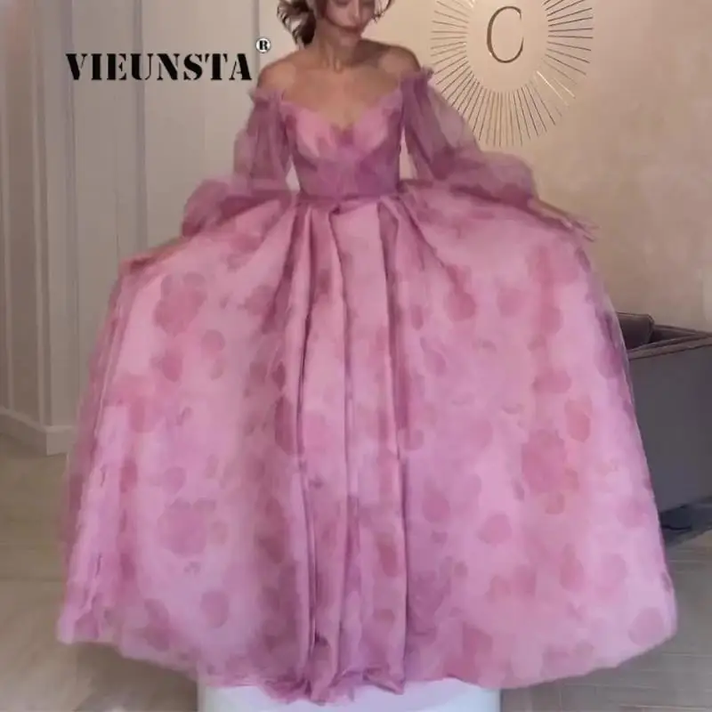 

Spring Mesh Off Shoulder Long Sleeve Party Dress Lady Sexy Boho Floral Pleated A-Line Dress Women Elegant Printed Banquet Dress