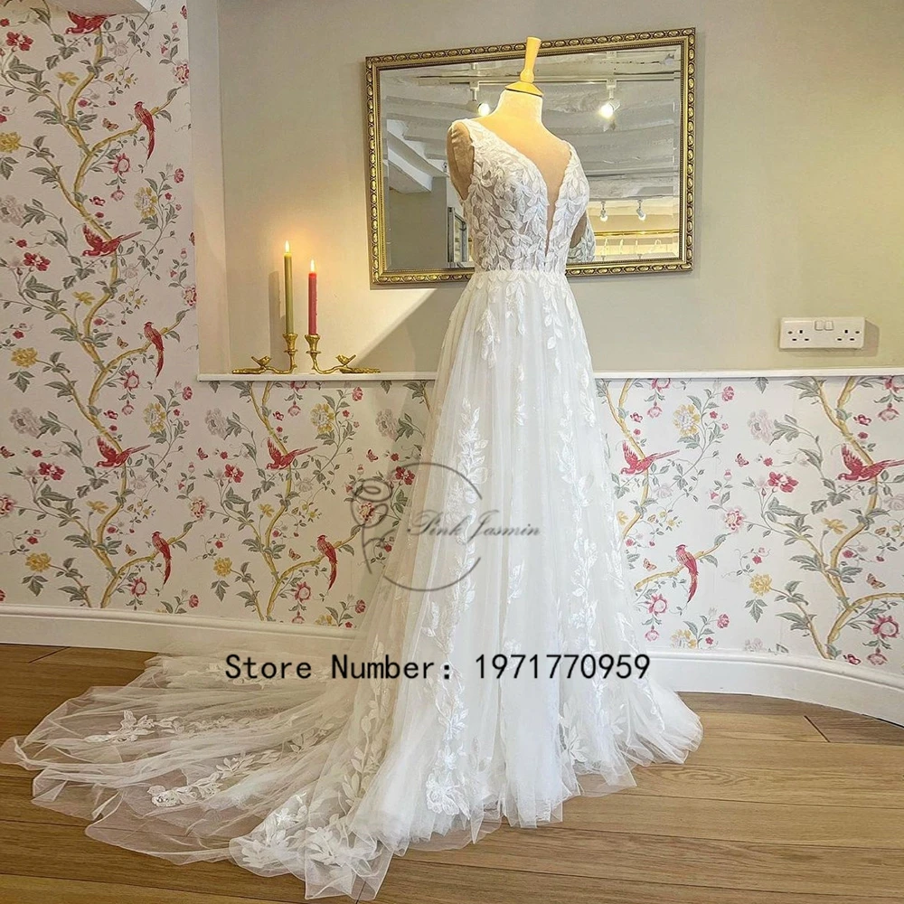 

Deep V Neck Simple White Wedding Dresses For Women 2023 New Summer Bride Sleeveless A Line Lace Applique Elegant Bridal Gown