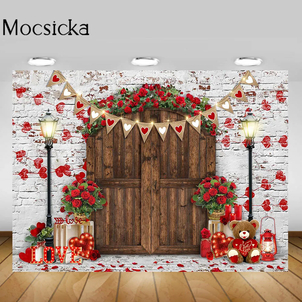 

Mocsicka Happy Valentine's Day Photography Background Red Rose Brick Wall Brown Wooden Door Photocall Backdrop Photostudio Props