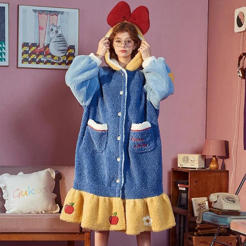 Winter Warm Pajamas Set Women Kawaii Sleepwear Fleece Nightgown Cartoon Cosplay Coral Fleece Hooded Thicken Night Dress Pyjamas