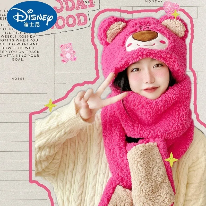 

Шарф Disney Lotso, зимняя Милая мультяшная шапка, шарф, перчатки, одна плотная теплая многофункциональная бархатная милая розовая шапка для девоч...