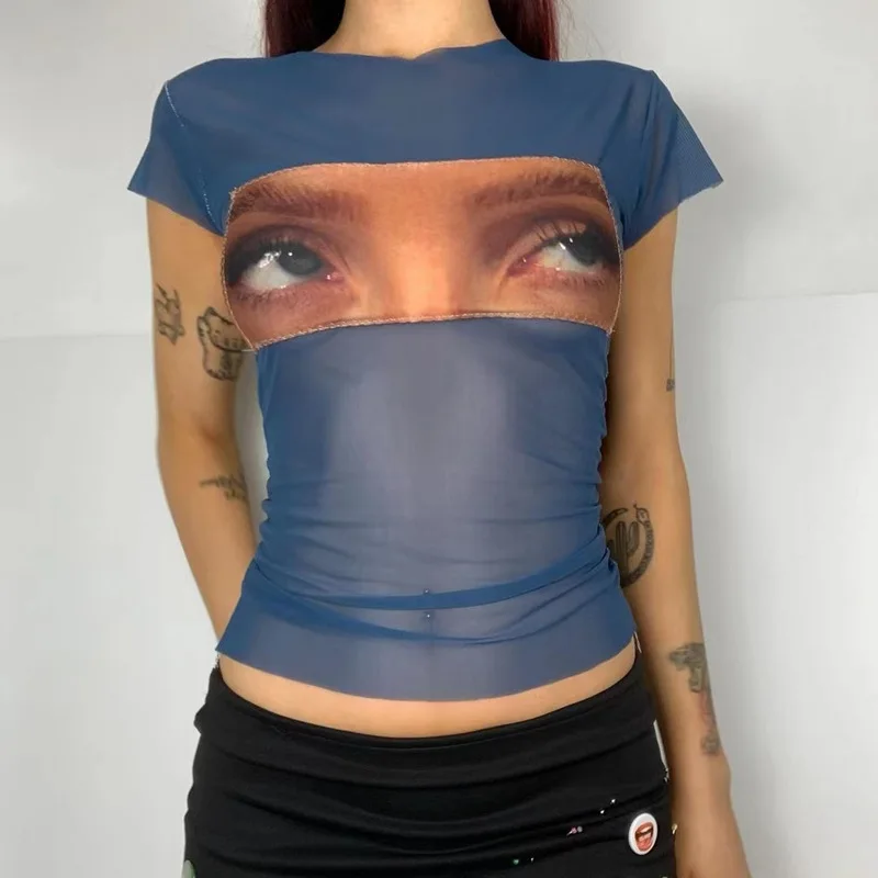 

Harajuku Grunge Transparent Crop Top Eye Pattern Patchwork Mesh T-shirt Chic Women Summer Short Sleeve Tees Y2K Streetwear