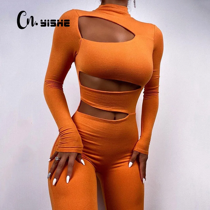 

Соблазнительный Цельный Наряд CNYISHE с вырезами и длинным рукавом для женщин, комбинезоны, облегающая Клубная одежда, неоновые комбинезоны дл...