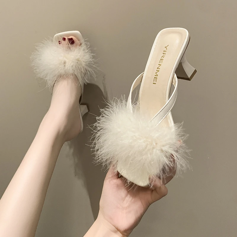 

2023 New Sexy Feather Women's High-heeled Slippers Fashion Square Toe High Heels Open-toed Women's Slippers Women Stiletto Pumps