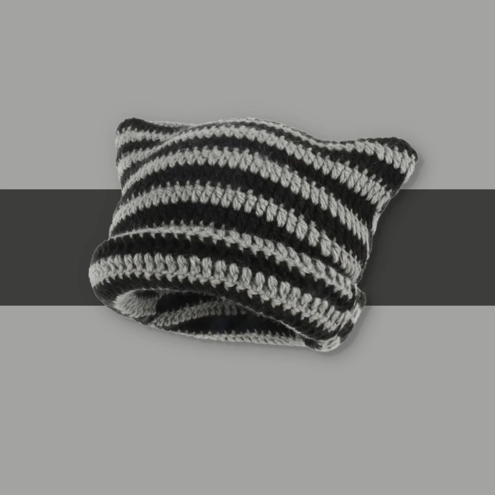 

Little Devil Ear Striped Woolen Hat Trend Winter Unisex Styling Accessories Cute Knit Hat Casual Versatile Thermal Pullover Hat
