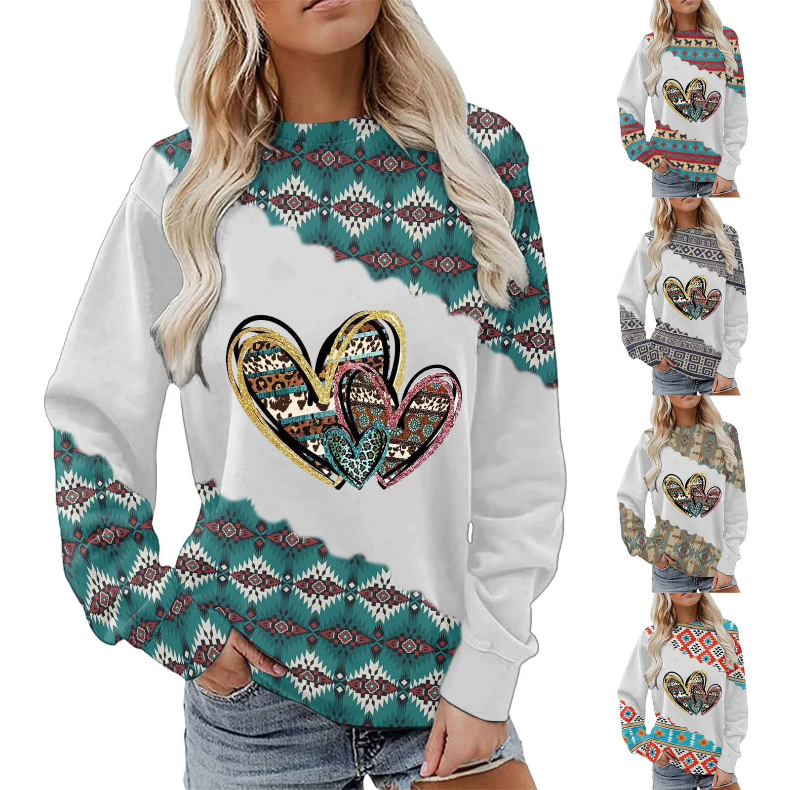 

Womens Western Aztec Sweatshirt Long Sleeve Ethnic Pattern Crew Neck Hoodie Hoodie Pullover Vintage Tops Large Womens Sweatsuit
