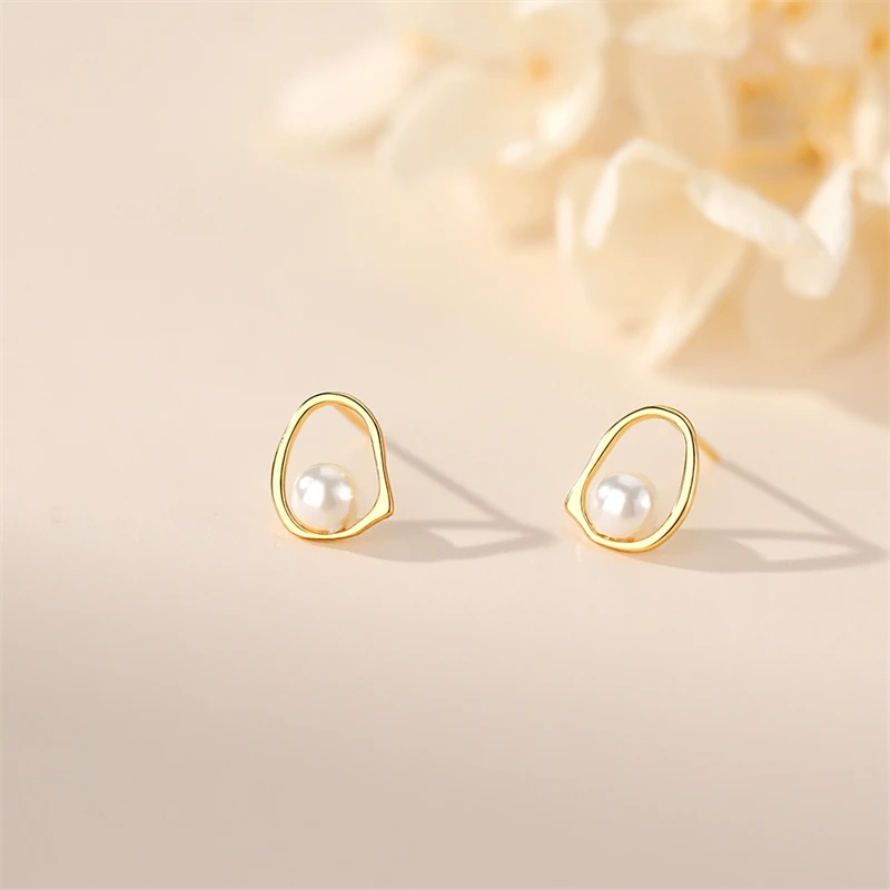 

925 Sterling Silver Geometric Hollow Pearl Stud Earrings For Women Retro French Personality Wedding Party Jewelry Accessories