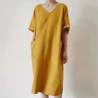 2022 literary dress medium length korean loose large raglan sleeve v neck short sleeve casual summer new cotton linen dress