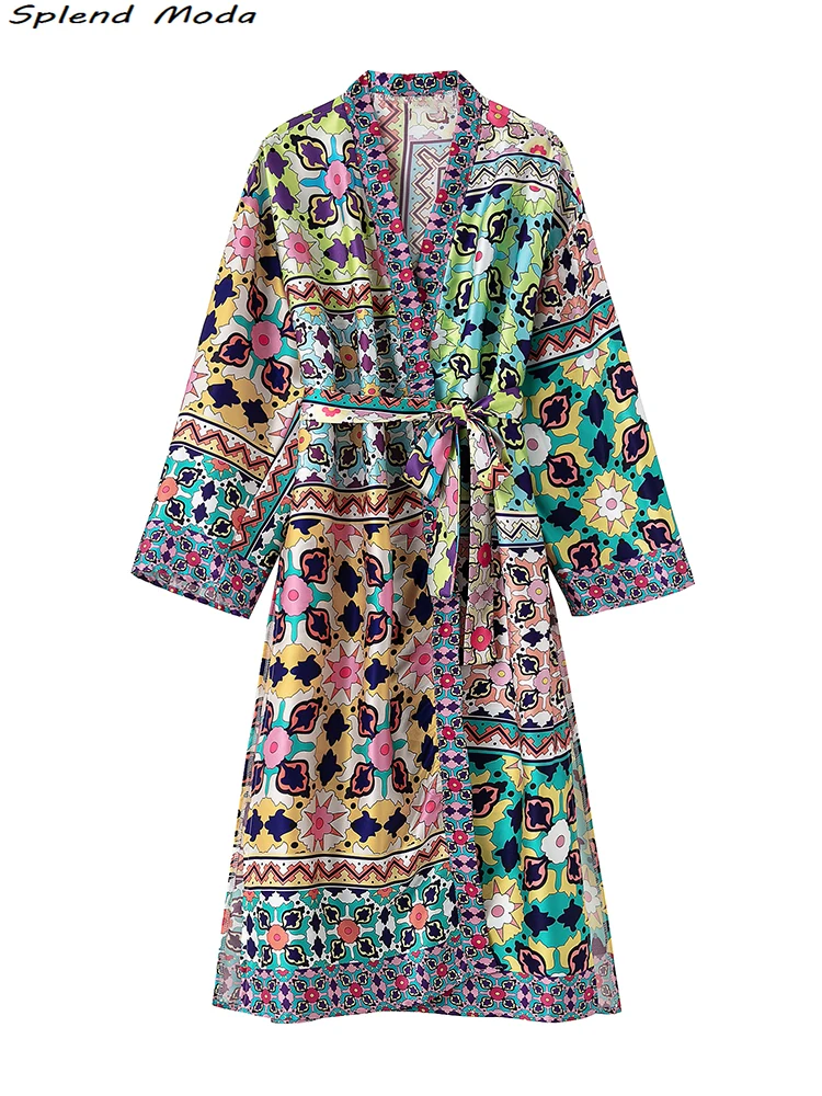 

2022 Za Women Summer Fashion Bohemian Style Vintage Floral Printed Long Blouses Holiday Loose Split Kimono Shirts Chic Beachwear