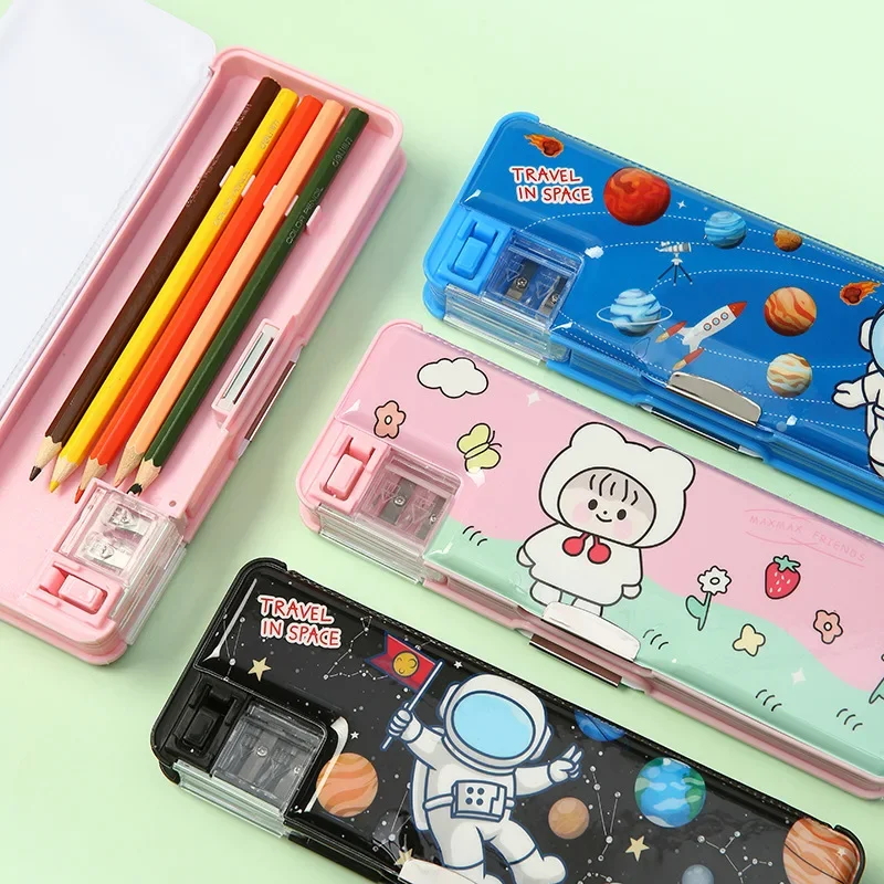 

Kindergarten Double Layered Multifunctional Stationery Simple Boys and Girls Primary School Plastic Pencil Box Wholesale