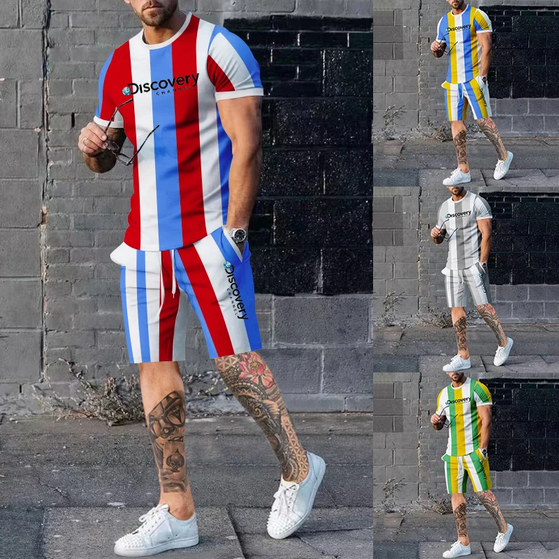 

Летний спортивный костюм с футболкой в полоску, новинка, мужские Модные повседневные свободные шорты с круглым вырезом и коротким рукавом, ...