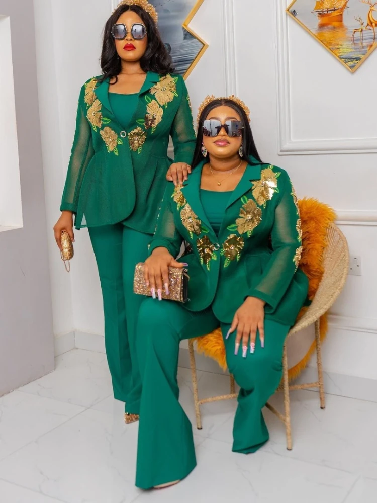 

dress African Clothes for Women Ankara Dashiki 3 PCS Set Outfits 2022 Summer Fashion Sequin Tops Pants Trousers Suits