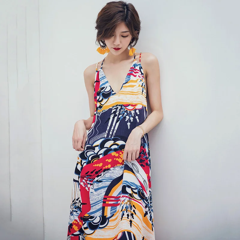 

Свободное летнее пляжное шифоновое женское платье без рукавов с принтом и V-образным вырезом