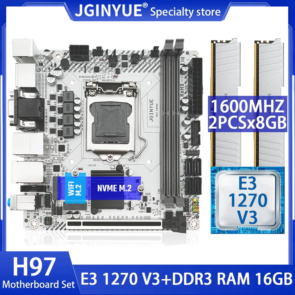 JGINYUE H97 Motherboard Set LGA 1150 Kit With Xeon E3 1270 V3 CPU Processor DDR3 2PCS*8GB RAM Memory WIFI M.2 NVME H97I GAMING