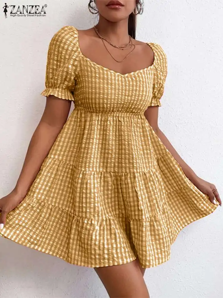 

ZANZEA Casual Pleated Waisted Dresses Sexy Square Collar Party Sundress Summer Women Plaid Holiday Puff Short Sleeve Mini Dress