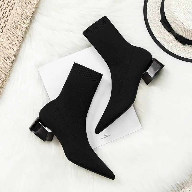 

2020 Fashion Women Winter Elastic Sock Ankle Boots Chunky High Heel Stretch Woman Black Sexy Knitted Booties Pointed Botas Mujer