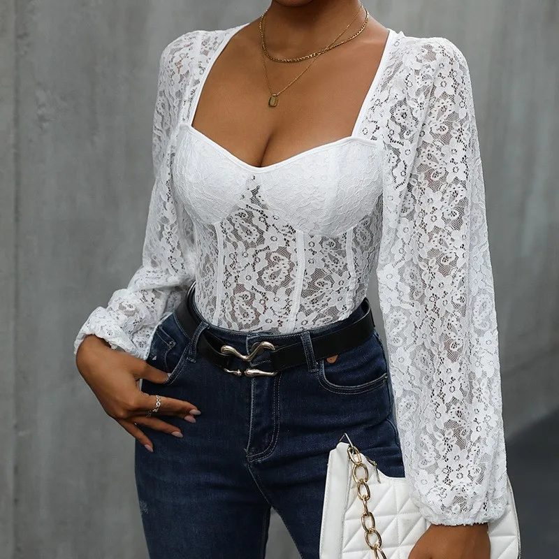 Кружевной белый комбинезон с длинными рукавами из полиэстера