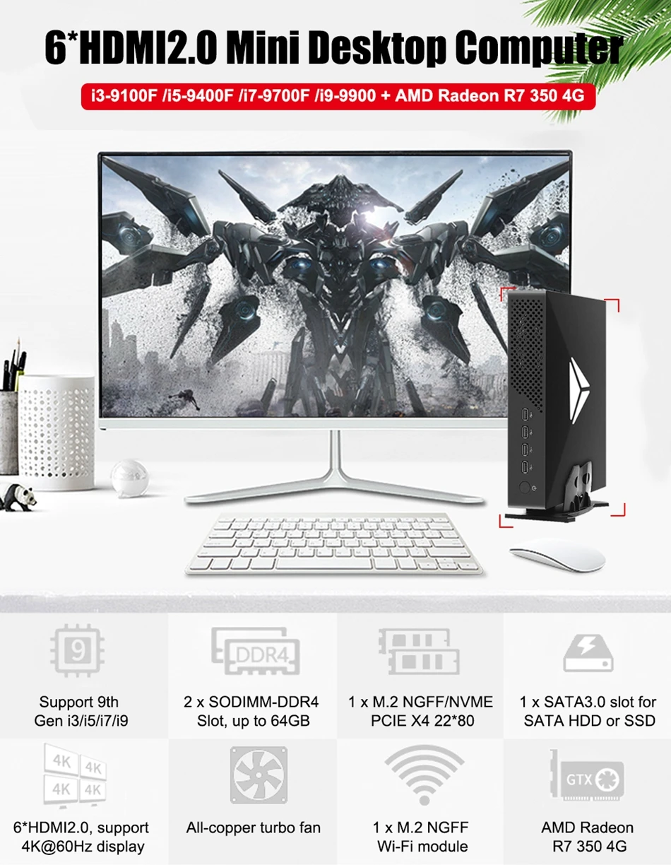 6 * HDMI 4K игровой мини-ПК Intel Core i7-9700F i9 9900T AMD Radeon R7 350 4G мини-компьютер Windows 11 M.2 NVME |