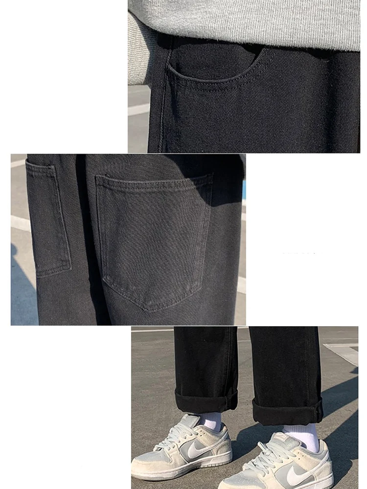 Drawstring Denim Jeans for Men Elastic Waist Pants Solid Loose Straight Fit Japanese Boys Trousers Street Wear Fashion Summer