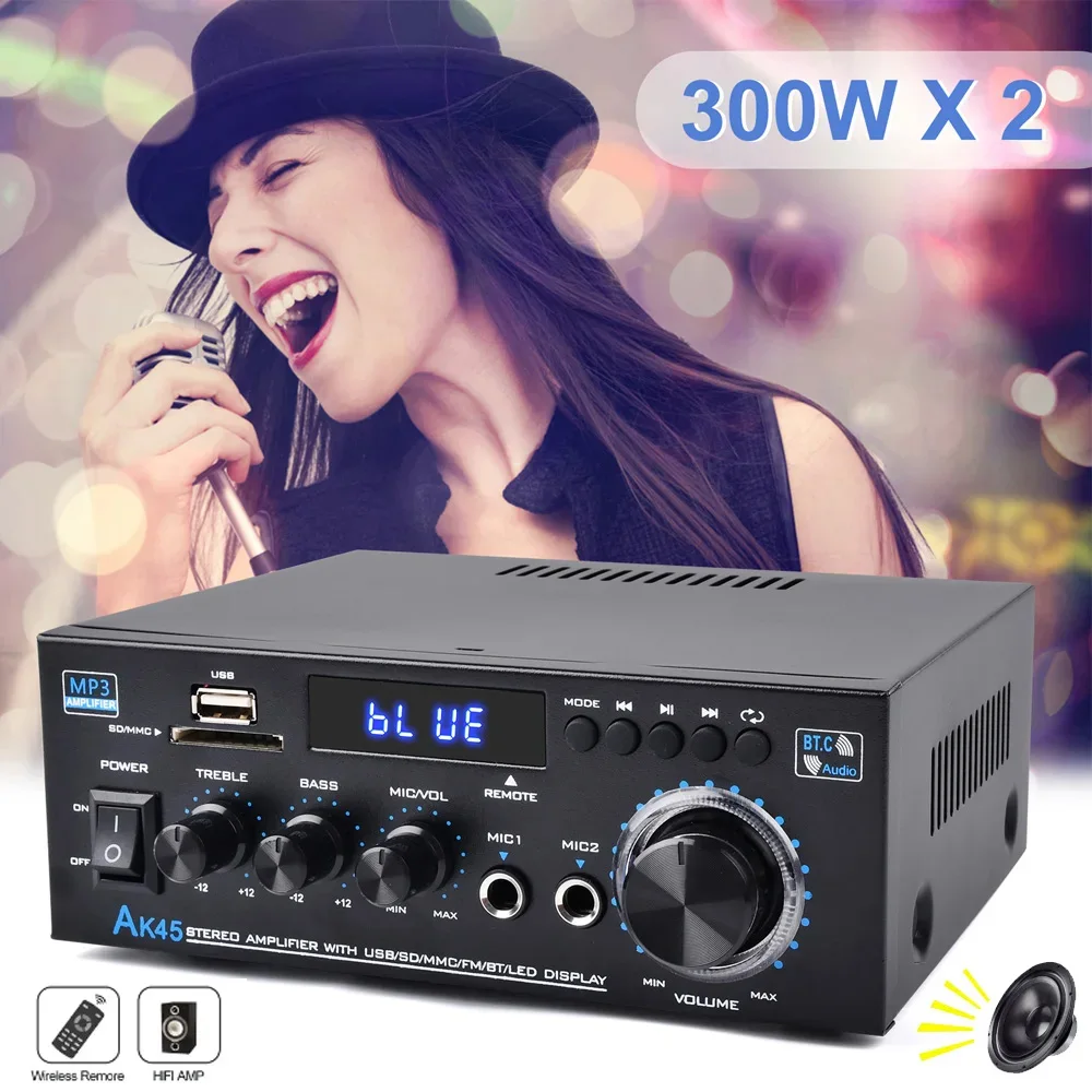 Фото AK45 HiFi цифровой усилитель Bluetooth MP3 канал 2.0 звуковой усилитель с поддержкой 90 В-240 В для домашнего автомобиля (MAX 300 Вт * 2) USB SD микрофонный вход №1