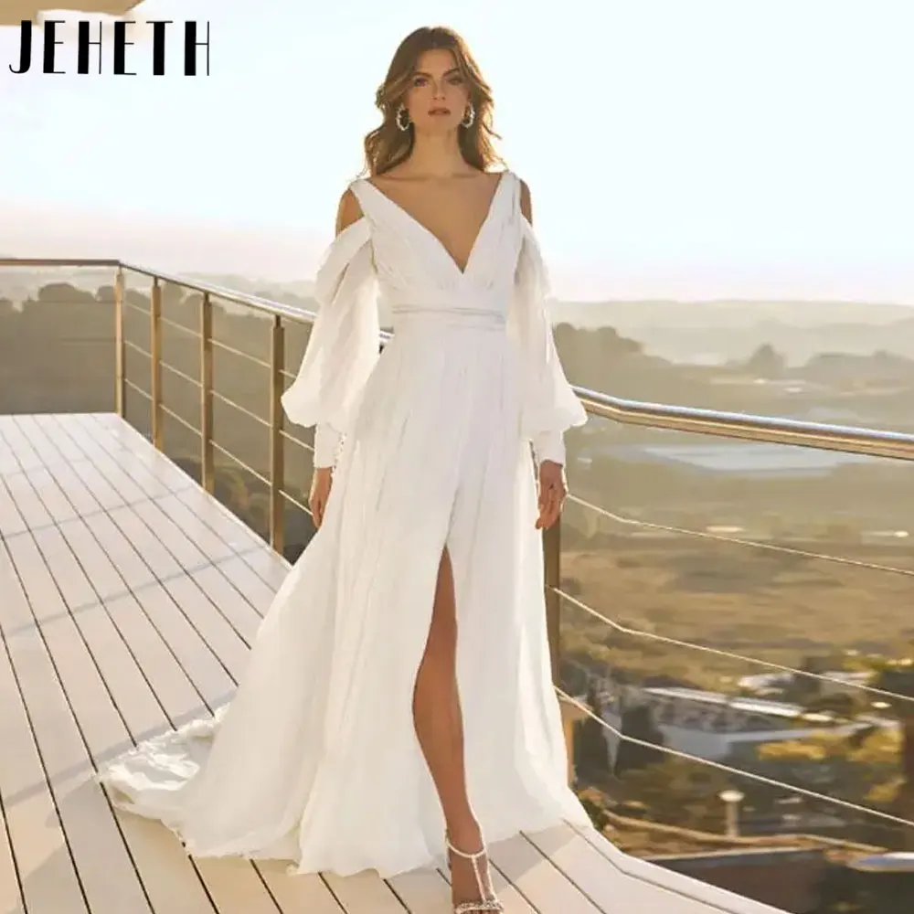 

JEHETH Simple V Neck Long Puff Sleeve Wedding Dress 2024 Elegant Chiffon A-Line Bridal Gown Backless Side Split Vestido De Novia