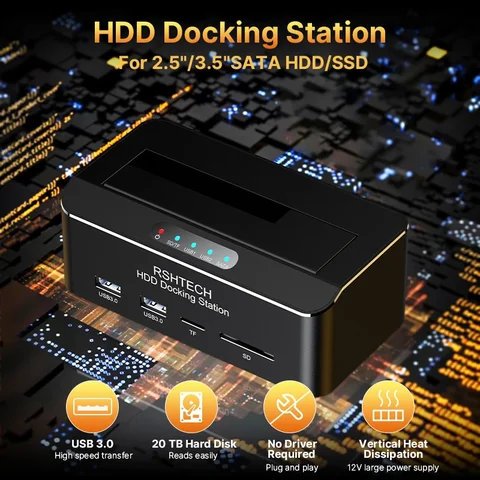 RSHTECH USB 3.0 к SATA Адаптер корпуса док-станции для внешнего жесткого диска для твердотельного накопителя 2,5 дюйма/3,5 дюйма с устройством чтения карт SD/TF