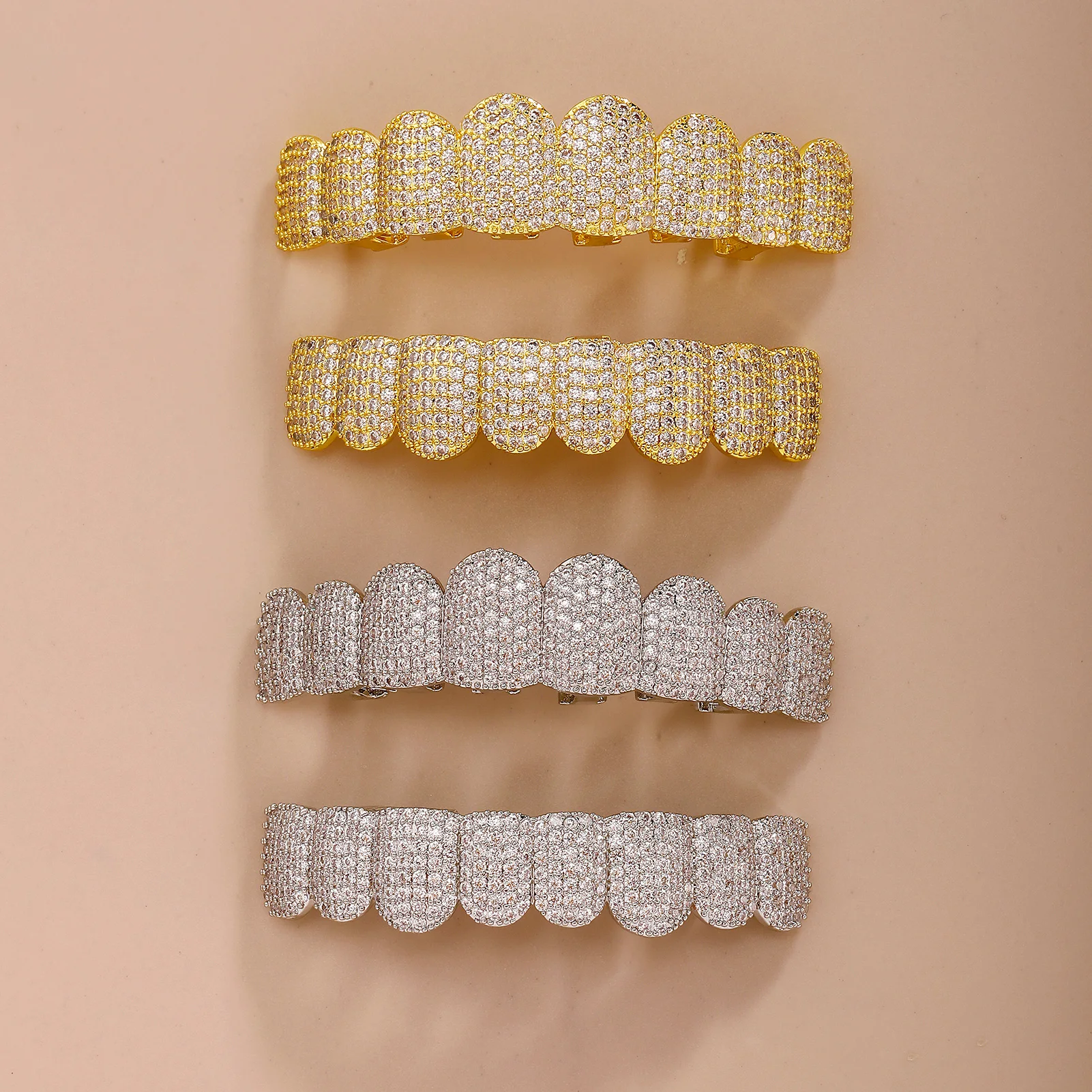 Фото Набор зубных протезов TOPGRILLZ Bling CZ для мужчин и женщин, полностью инкрустированный цирконием, для верхней и нижней челюсти, золотистого и серебристого цвета, съемные зубные украшения №4