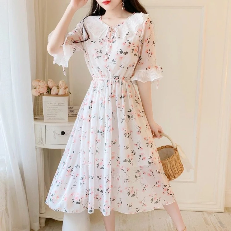 

2022 Ruffled Peter Pan Collar Pink Floral Chiffon Dress Spring Summer Sweet Style Dress Korean Style Prairie Chic Casual Dress