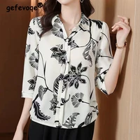 casual fashion floral printed button chiffon shirt summer 2022 new polo neck half sleeve loose pullovers blouse womens clothing