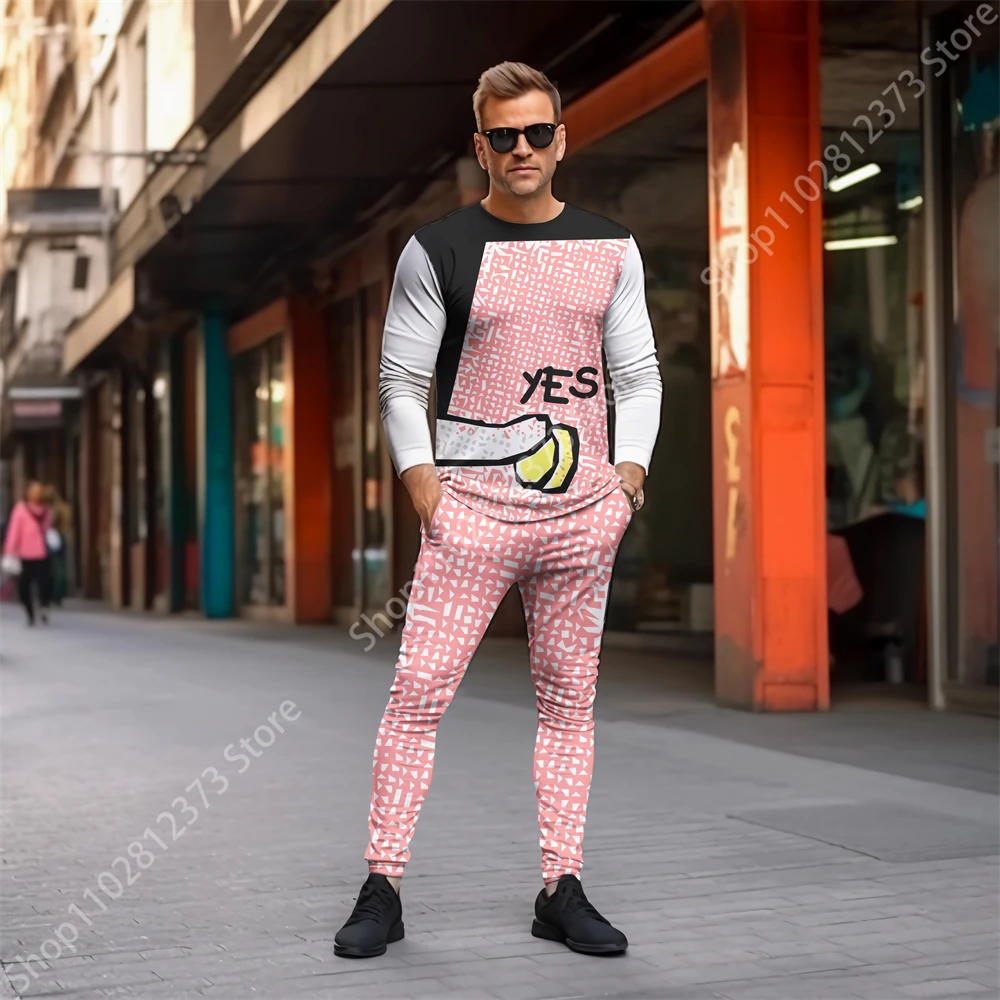 2023 Long Sleeve T-shirt Tracksuit Men Two Piece Set Men 3D Letter Graffiti Printing Fashion Casual Streetwear Clothes For Men