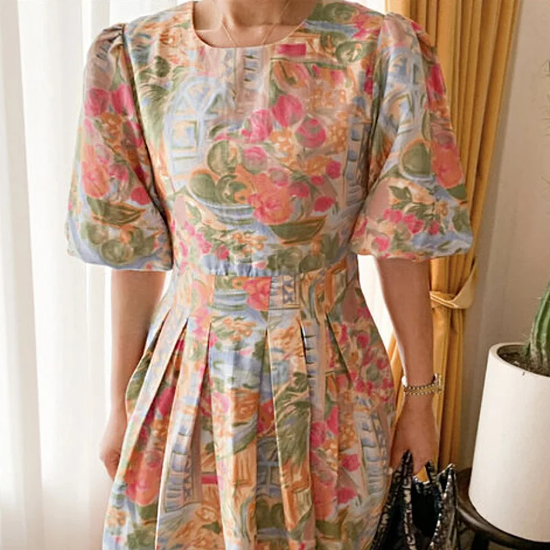 

Korea Chic Puff Sleeve Loose Ladies 2022 Summer Contrast Oil Painting Waist Printed Pleated Dress Trendy Clothing Vestido N571