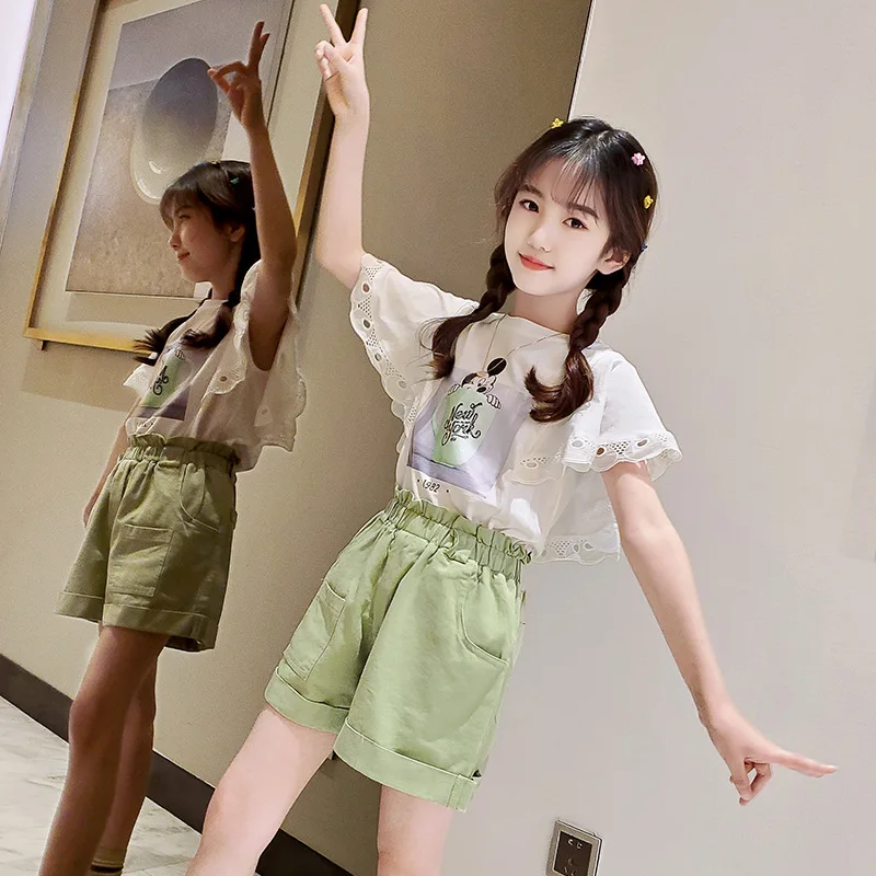 

Summer Girls Clothing Girls Boutique Outfits Kids Fashion Cartoon Short Sleeve Lace Half Sleeve Girls Suit Fashion Clothes