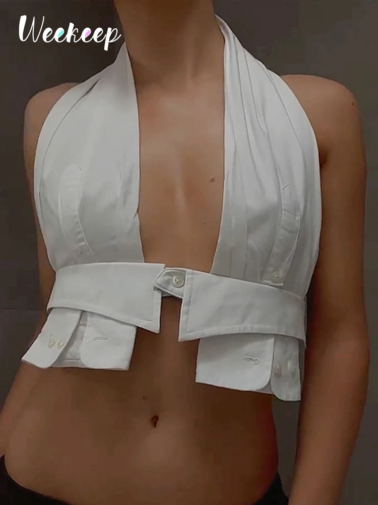 

Weekeep White Halter Shirt Camis 100% Cotton Sexy Deep V Neck Elegant Streetwear Women Sleeveless Backless Bandage Crop Top Lady