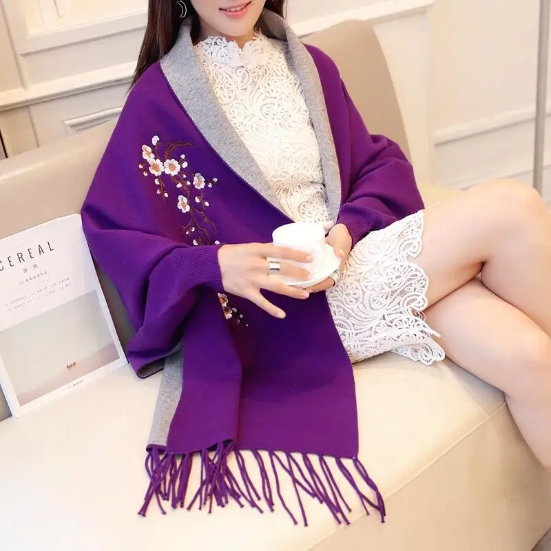 Ladies Autumn and Winter Shawl Cape Knit Sweater Embroidered Mid-Length Loose Embroidered Cardigan Jacket Women