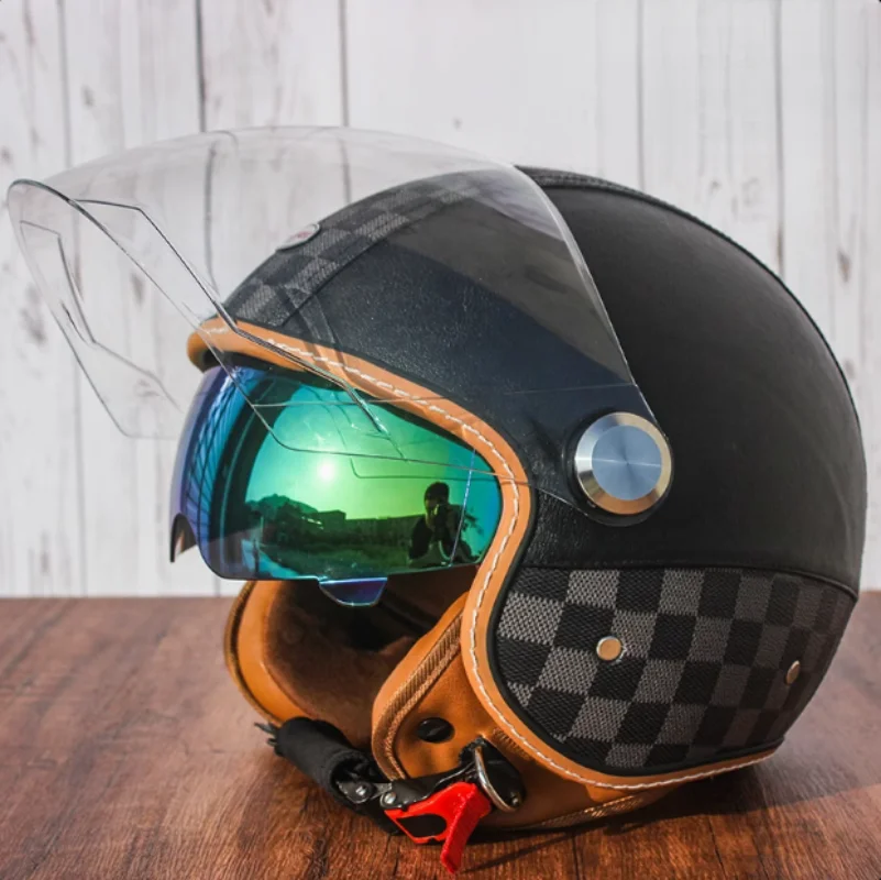 Белый шахматный ретро 34 с открытым лицом, полумотоциклетный шлем для взрослых, винтажный реактивный шлем для мужчин и женщин, одобренный DOT, двойной козырек (art.: 3920cbc625f4a) - 3920cbc625f4a