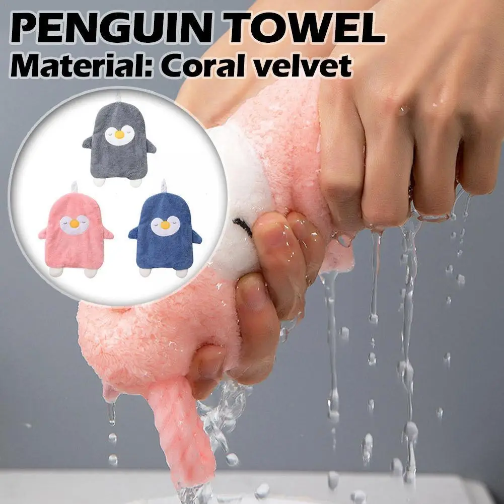 

1pc Microfiber Coral Velvet Hand Towel Hanging Bathroom Towels Towel Kitchen Towels Cloth Penguin Household Cute Kids Clean B4k2