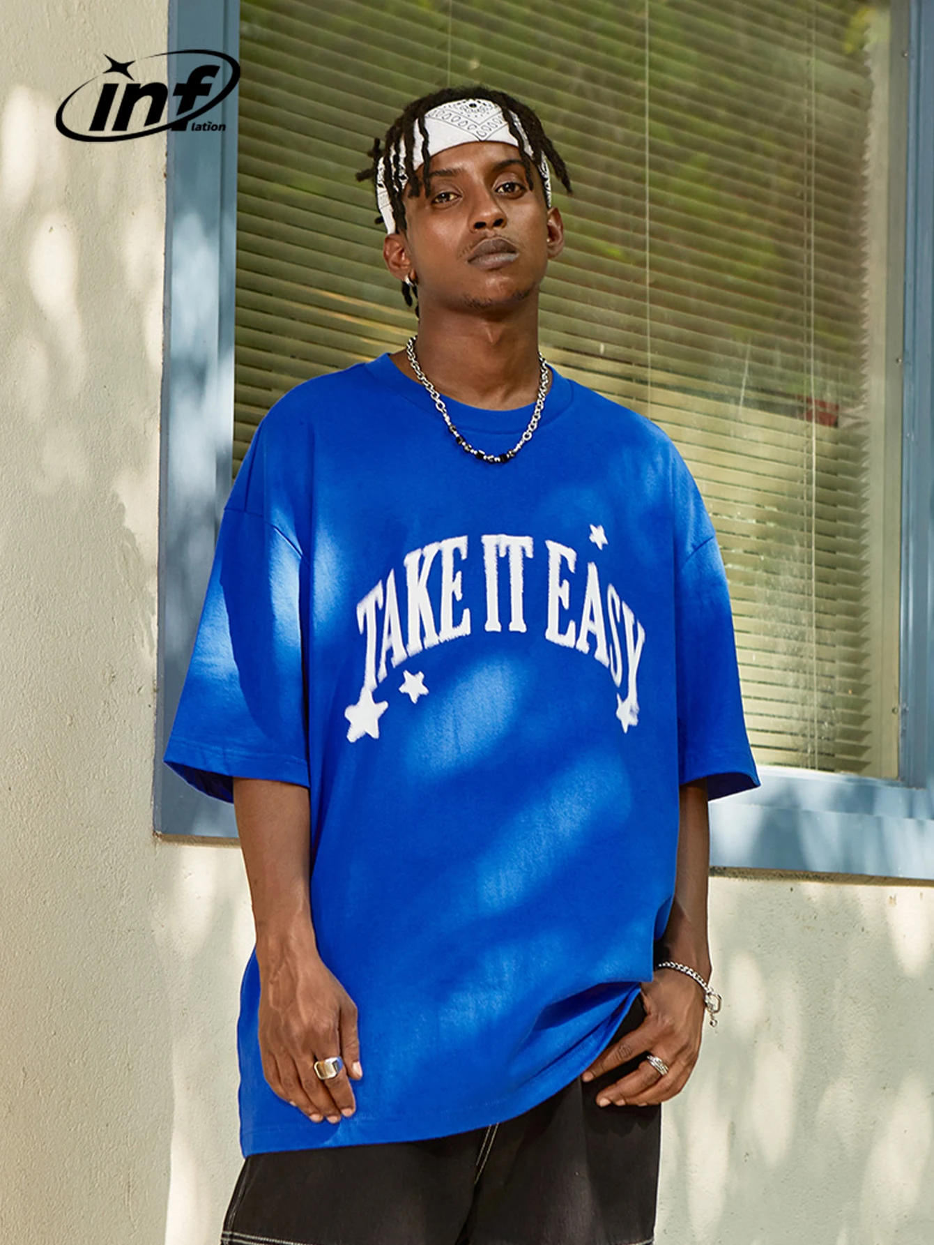 

INFLATION Simple Letter Printed Cotton Tshirts Men Drop Shoulder Oversized Tees