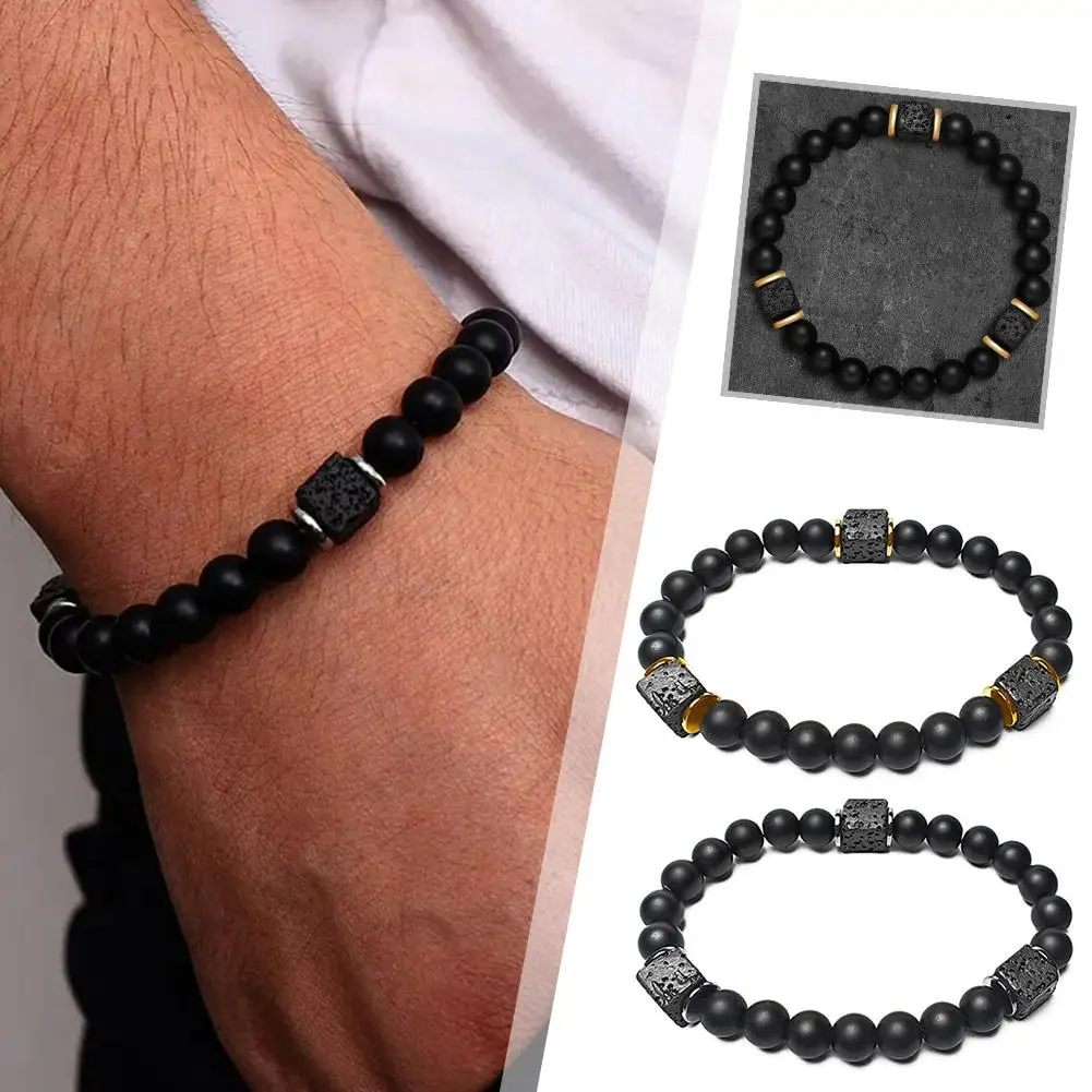 Мужской черный классический матовый браслет Obisidian с бусинами из Лабрадорита