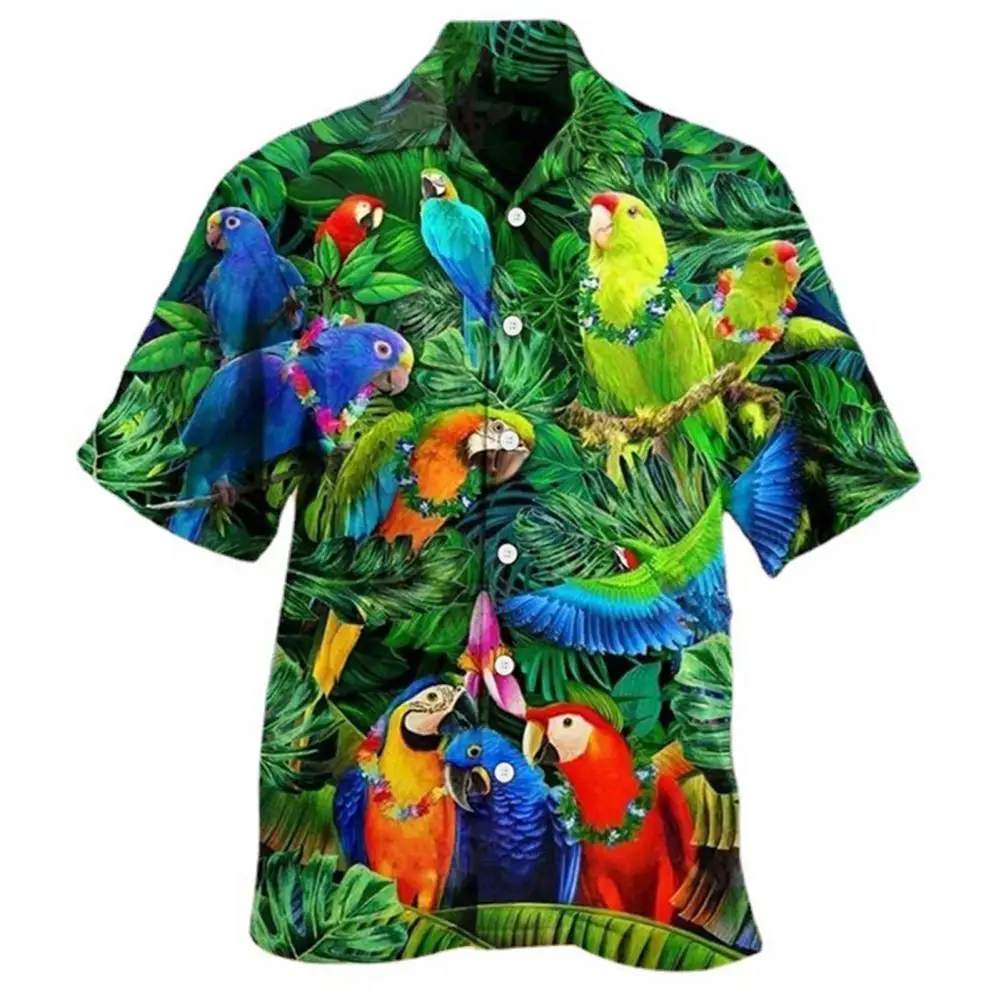 

Рубашка мужская с отворотом, короткий рукав, пуговицы, планка, кокосовое дерево, принт птиц, свободная Гавайская, быстросохнущая, лето