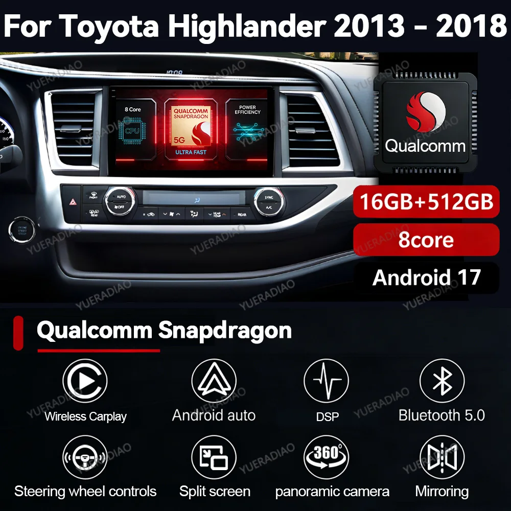 Фото Автомагнитола Android 17 для Toyota Highlander Kluger 3 XU50 2013-2019 с беспроводным CarPlay, мультимедийный видеоплеер, 4G, Wi-Fi, GPS-навигация