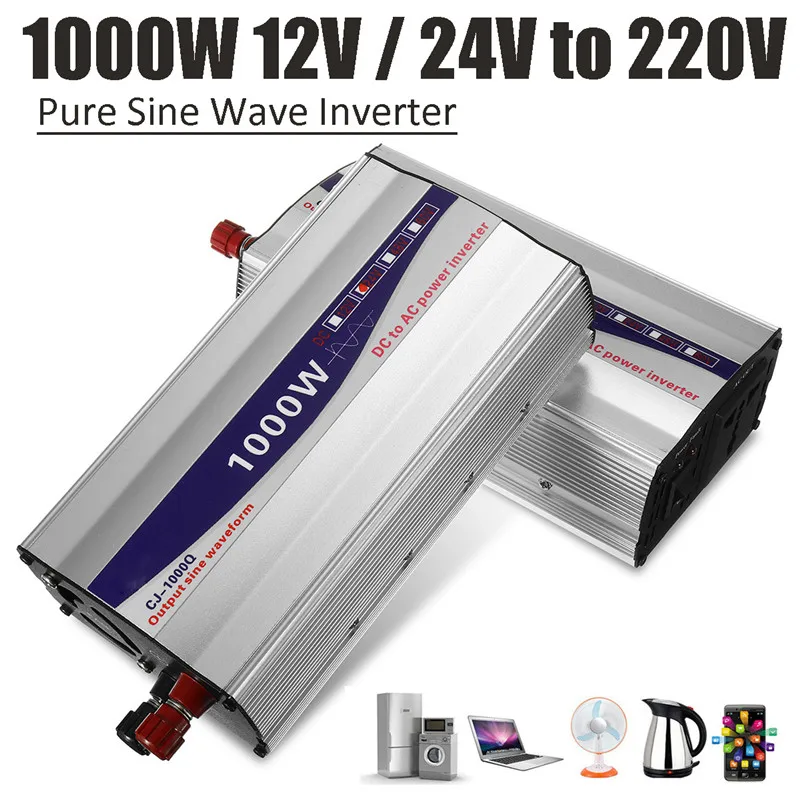 

1000W Car Inverter Pure Sine Wave Power Voltage Converter DC 12V/ 24V To AC 220V Converter Transformer LED Display Power Supply