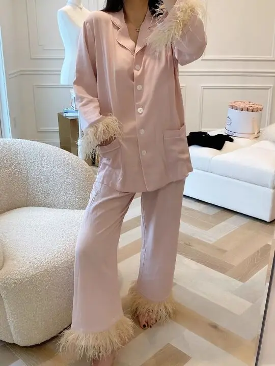 Woman Fashion Cotton Pajamas Two-piece Suit Light Luxury Ostrich Feather Nightwear Pijama Set