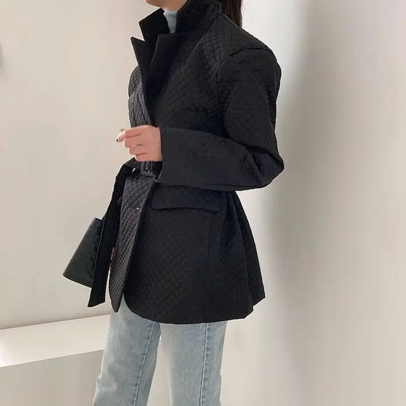 Autumn and Winter  2021  Women Jacket Retro Lapel Three-dimensional Geometric Diamond Loose Suit Cotton Lining Jacket with Belt