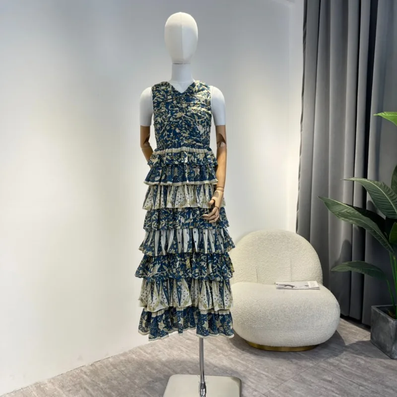 

2022 Unique Design Blue Black Irregular Pattern Cascading Ruffles Sleeveless Midi Cake Dress for Women