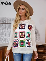 aproms elegant multicolor crochet knitted sweater women autumn long sleeve hollow out jumpers 2022 cool girls fashion pullovers