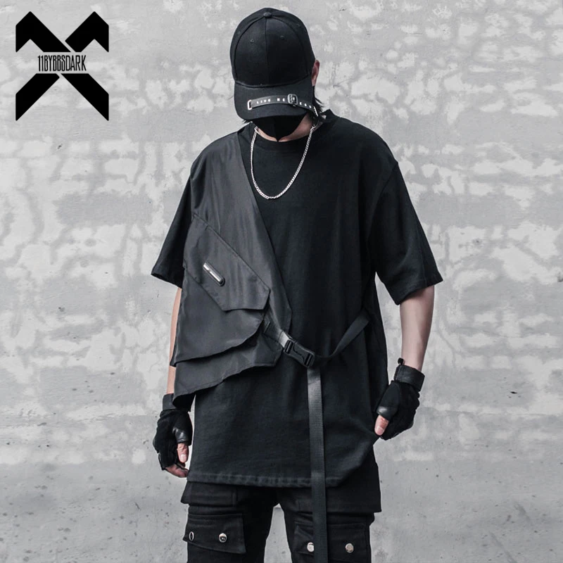 

2022 Summer Tactical Function T-shirt Men Fake two Pieces Ribbon Design T Shirts Tees Tops Black Hip Hop Streetwear WB741