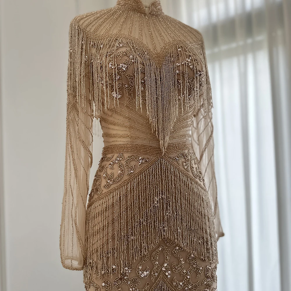Jancember New Beading Muslim Style Evening Dress Sparkling Tassel Floor Length Prom Gown For Women Wedding Party SCZ062
