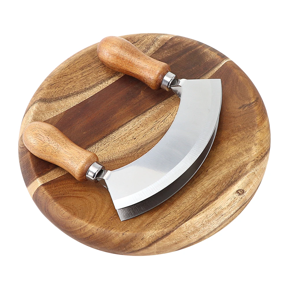 Mezzaluna bıçak yuvarlak kesme tahtası çift taraflı Rocker bıçak akasya ahşap ahşap kavisli kurulu ot Cleaver tahtası salata Chopper