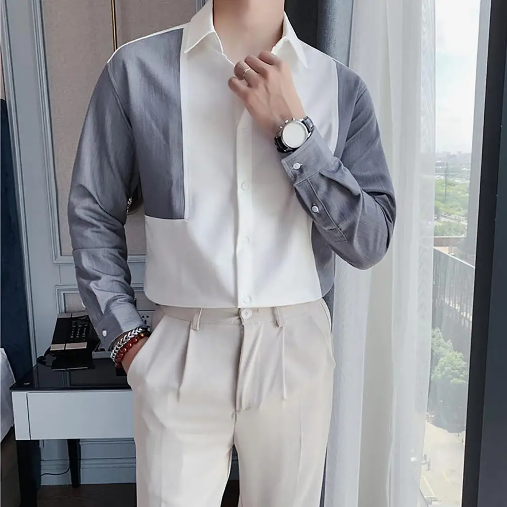 

Fashion Men Shirt Buttons Placket 3D Cutting Autumn Simple Contrast Stitching Shirt Top Fine Sewn Work Shirt Daily Clothing