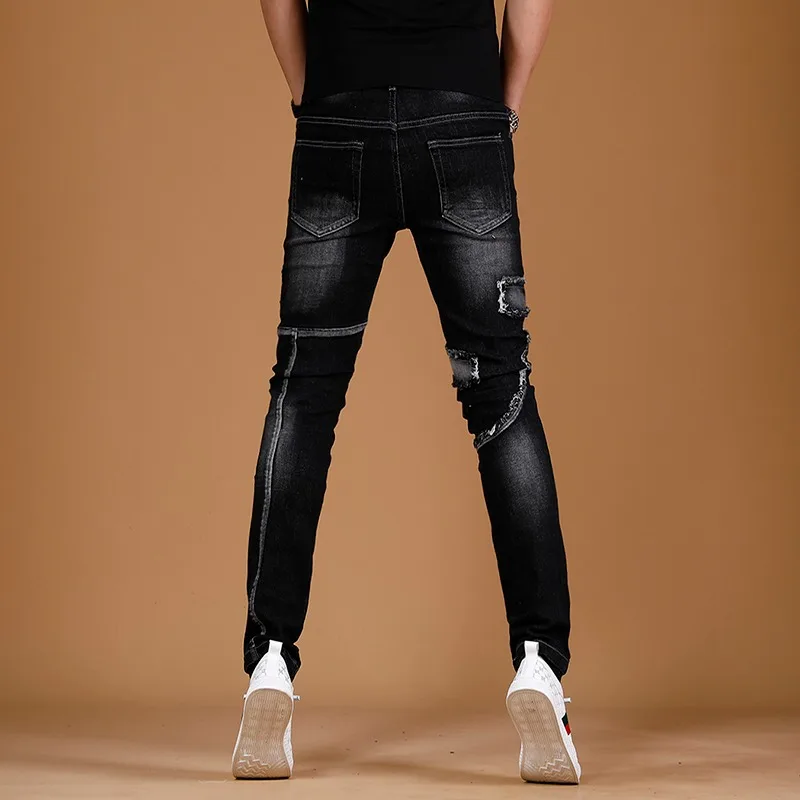 Black Jeans Men 2023 New Fashion Biker Slim Fit Pencil Pants Streetwear Casual Cotton Patchwork Pocket Patch Denim Trousers